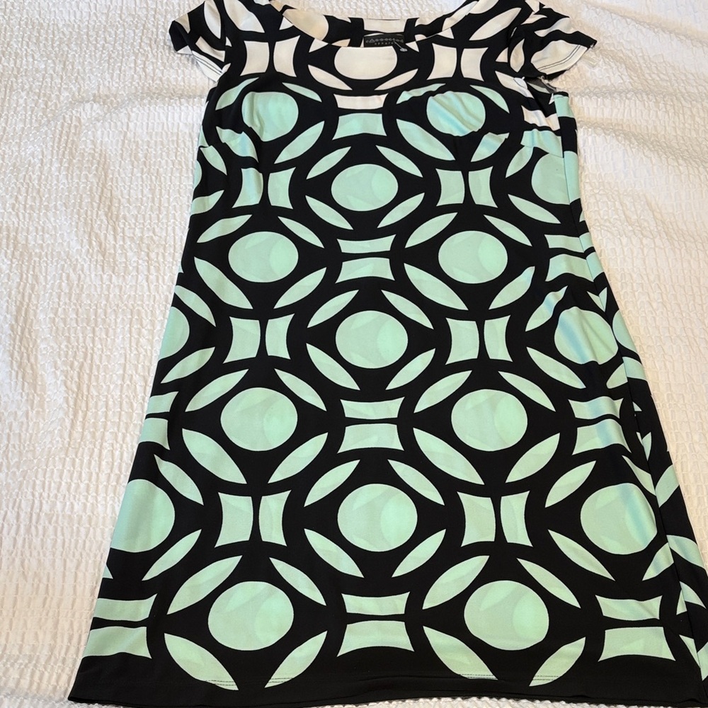 Connected Apparel Black Mint Green and White Patterned Dress